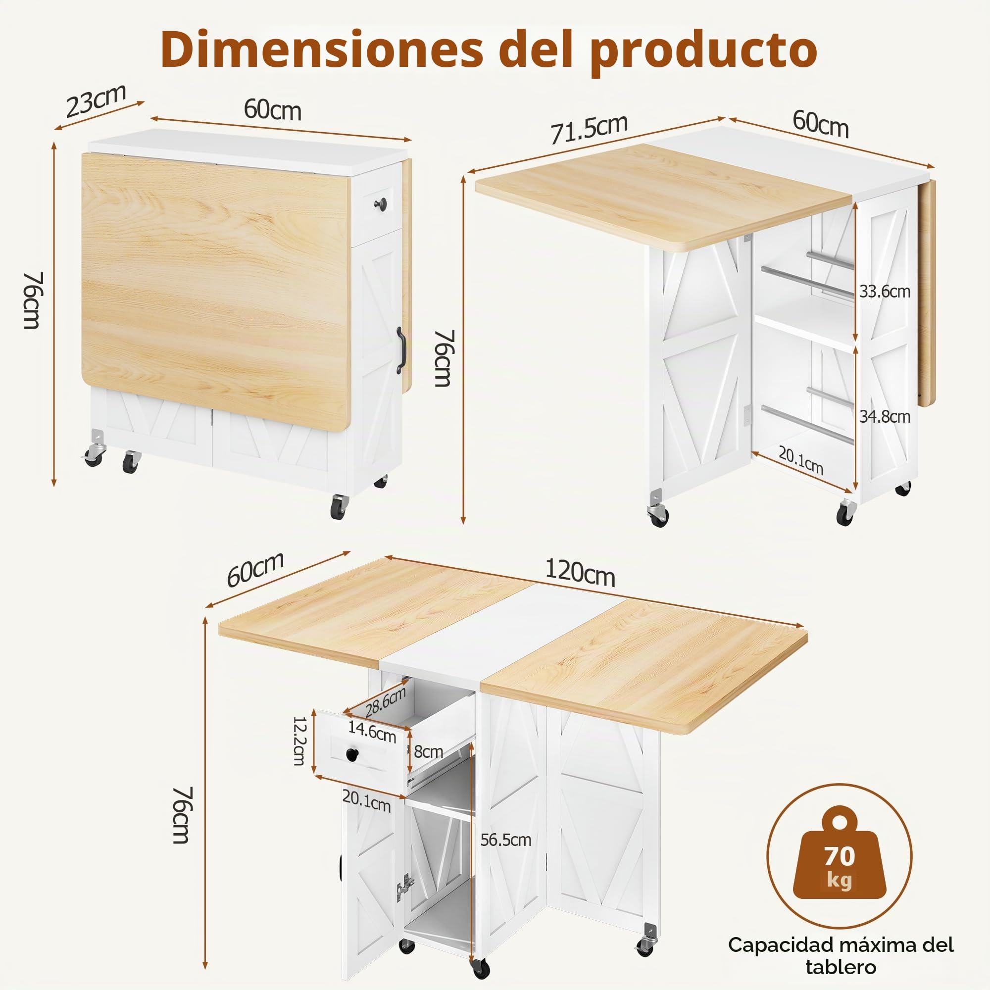 Jocoevol Mesa Plegable Comedor con Ruedas, Mesa Cocina Plegable con 1 Cajón Y 2 Áreas De Almacenamiento, Adecuada para 2-4 Personnas, para Espacios Pequeños, Comedor Y Cocina (Arce Blanco)