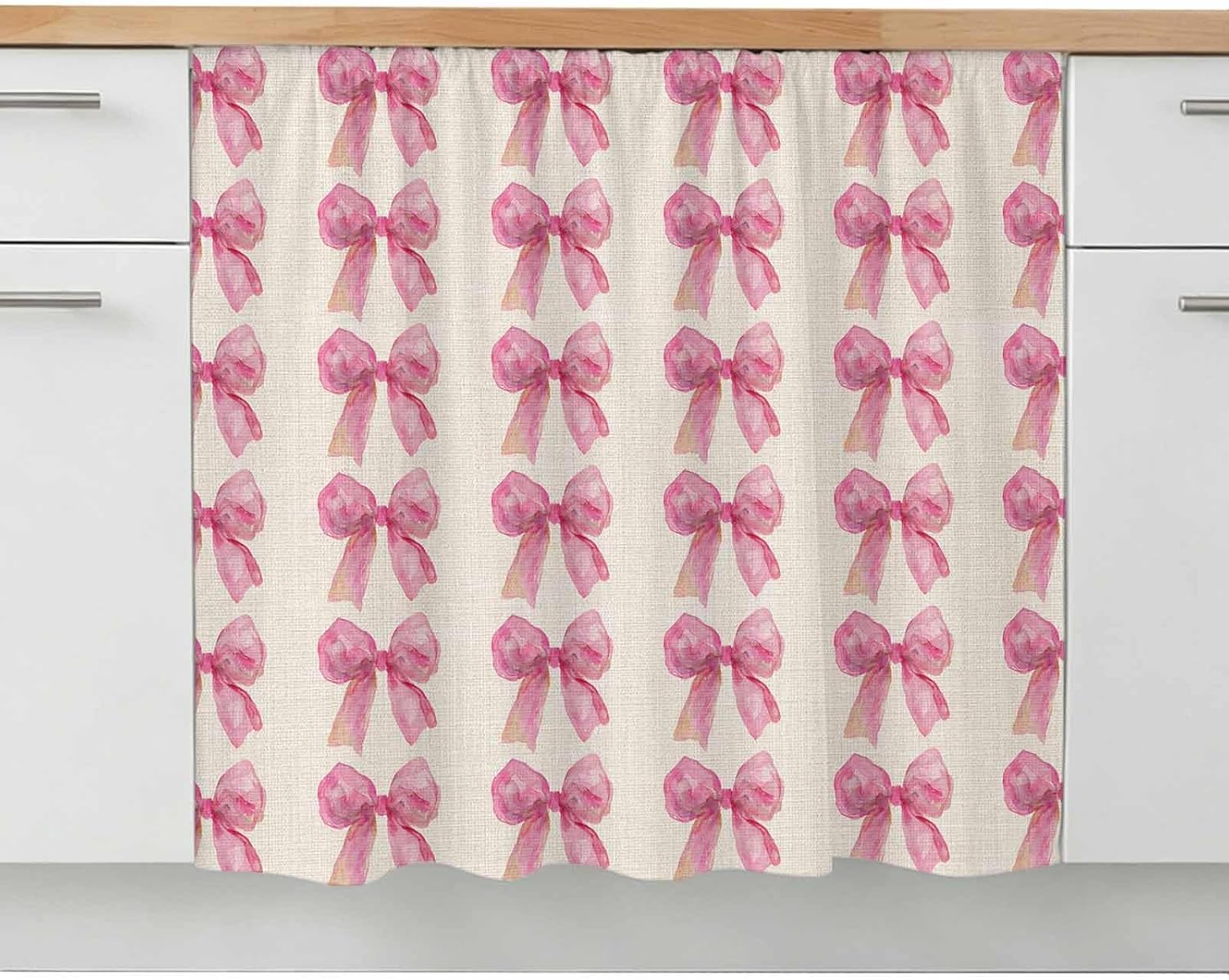 Pink Bow Cabinet Curtains for Shelves, Vintage Spring Retro Bow Plaid Linen Texture Farm 11" W x 13" L Adhesive Cabinet Curtain with Shelf Curtain for Mini Storage Cabinets