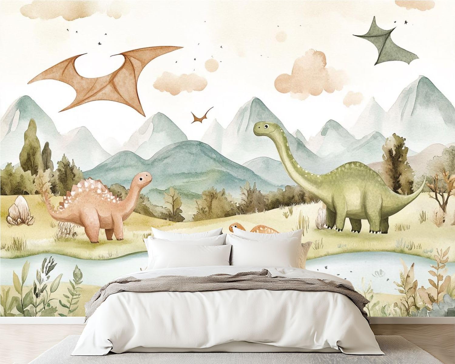 Removable Self Adhesive Dinosaurs Prehistoric Landscapes Wonder Exploration Pterodactyl Canvas Wall Murals, Peel and Stick Wallpaper for Kids Bedroom Living Room Office Wall Decor 100''x144''