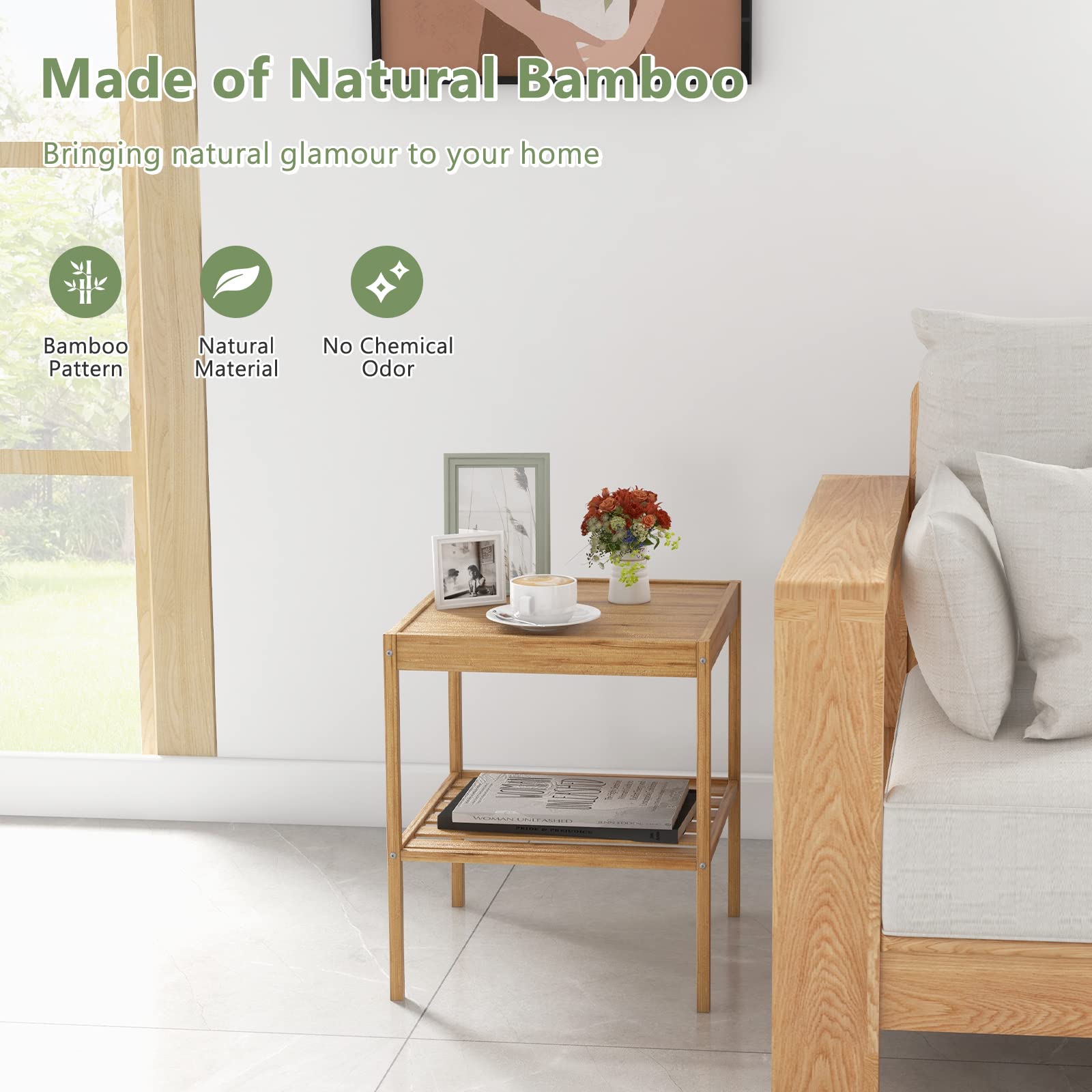 Bamboo Nightstand With 2 Storage Drawers And Reeded Tempered Glass Fronts - View #5
