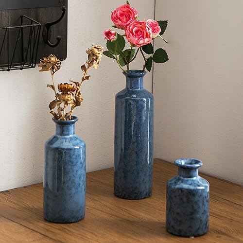 Miniatura 7 de Kimdio Juego de jarrones de cerámica azul, 3 jarrones azules, jarrón moderno de granja, detalles de decoración del hogar, jarrones de arcilla de