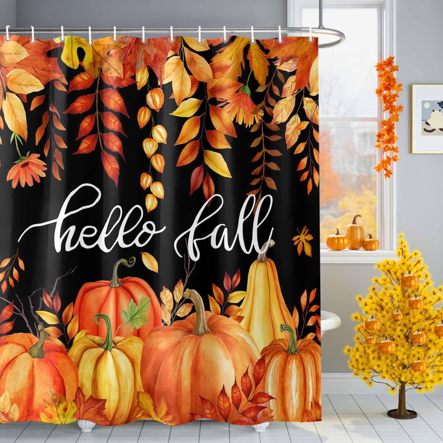 Fall Shower Curtain for Bathroom White Pumpkin Fall Leaf Shower Curtains Set with 12 Hooks Bath Curtain for Thanksgiving Decor Waterproof Fabric 72x84 Extra Long