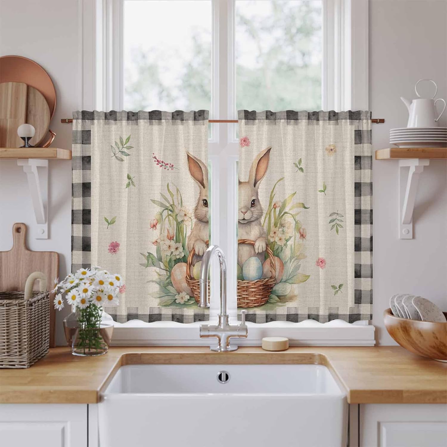 Easter Plaid Black,Kitchen Curtains 45 Inch Long 2 Panel Set,Rod Pocket Window Treatment,Easter Basket Bunny Eggs Spring Leaves Light Filtering Short Curtains & Drapes for Bathroom Laundry 52"W x 45"L