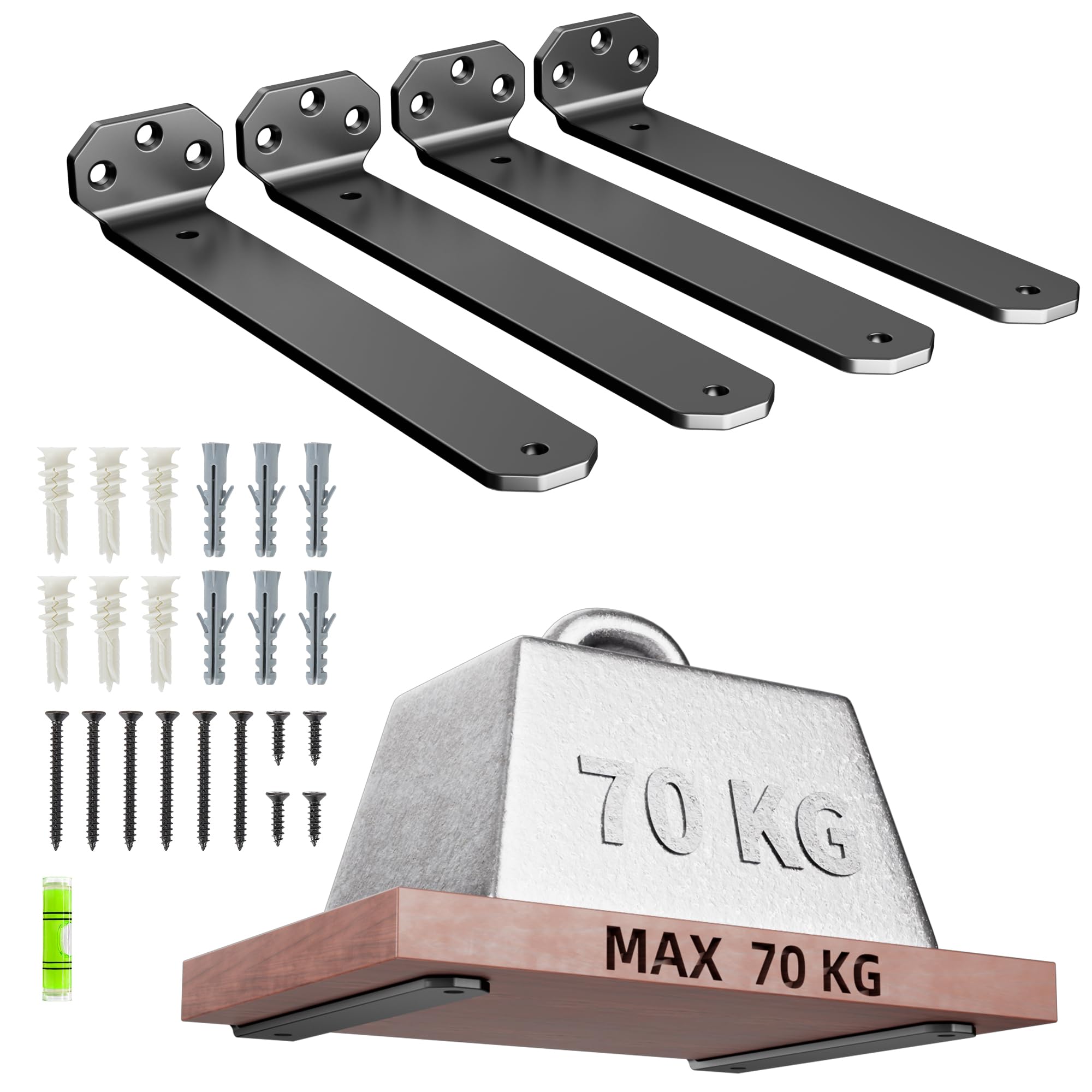 HUAEU Heavy Duty Shelf Brackets 25cm, 4 Pack Black Wall Mounted L Shape Shelf Supports, Floating Shelf Brackets with Screws, 90° Metal Angle Brackets for Kitchen, Living Room, Garage, Office
