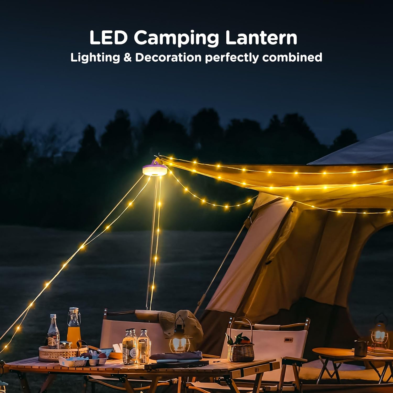 OGERY Camping String Lights, 4 in 1 Quick Storage 32.8FT Rechargeable Tent Lights String with 8 Lighting Modes, Hanging Waterproof Portable LED Lamp for Outdoor Patio Awning Garden Party Essentials