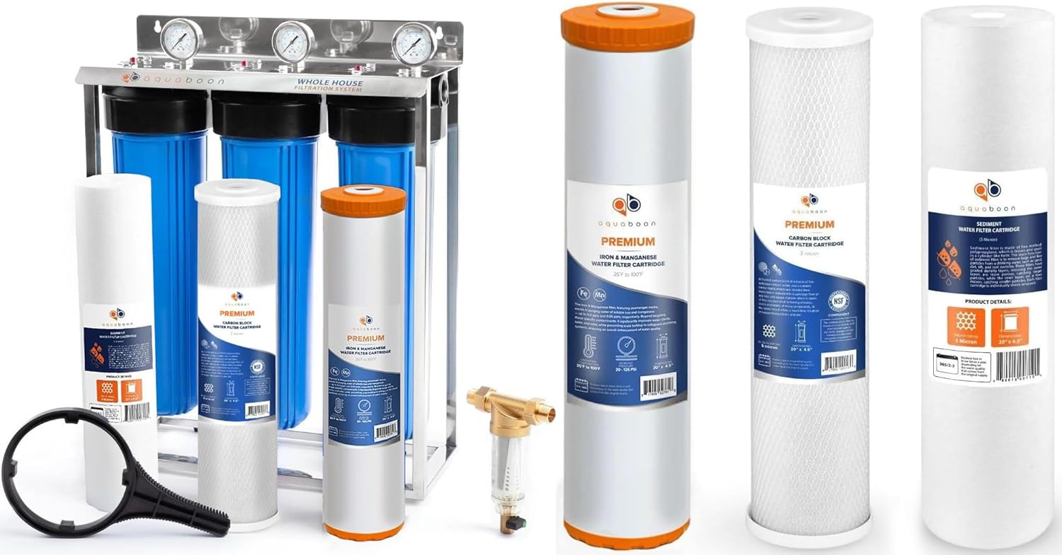 Aquaboon 3-Stage Whole House Water Filter System with 5 Micron 20x4.5 Reducing Sediment and Iron & Manganese Water Purification Filters with Replacement Set