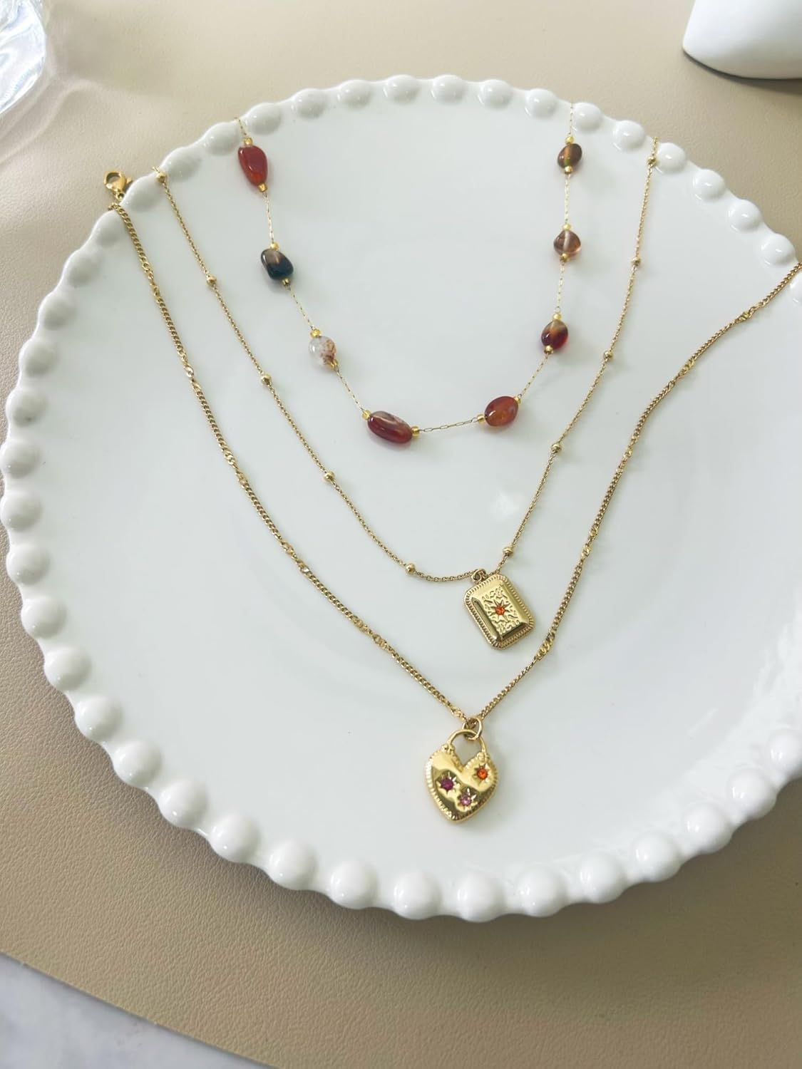 Fashion Versatile Stainless Steel 18K Gold Plated Pink Zircon Love Lock Square Pendant Star Gold Necklace Natural Stone Beads Jewelry