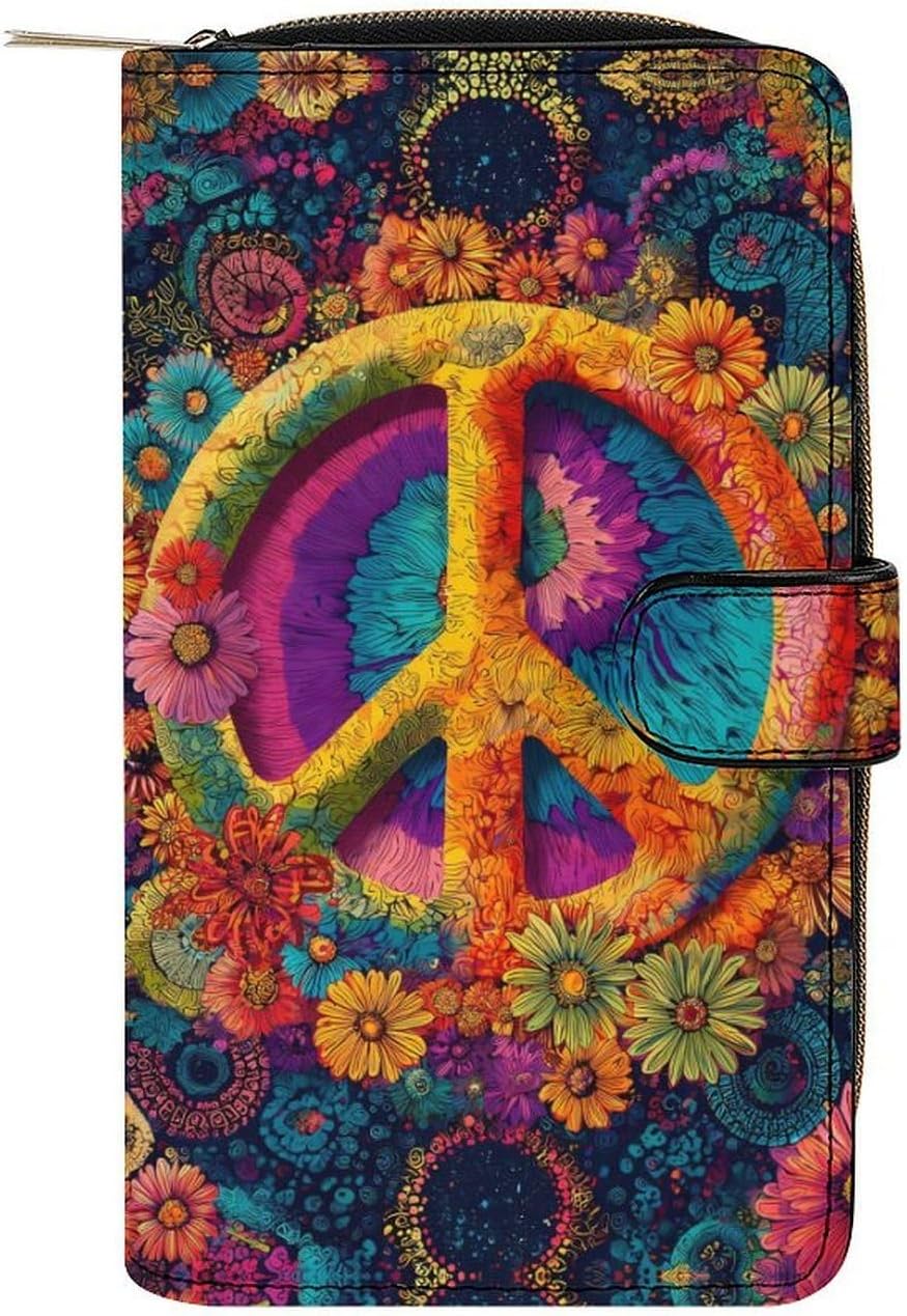 Hippie Peace Sign Tie-Dye Women's Long Wallets Leather Purse Fold Clutch Credit Card Holder