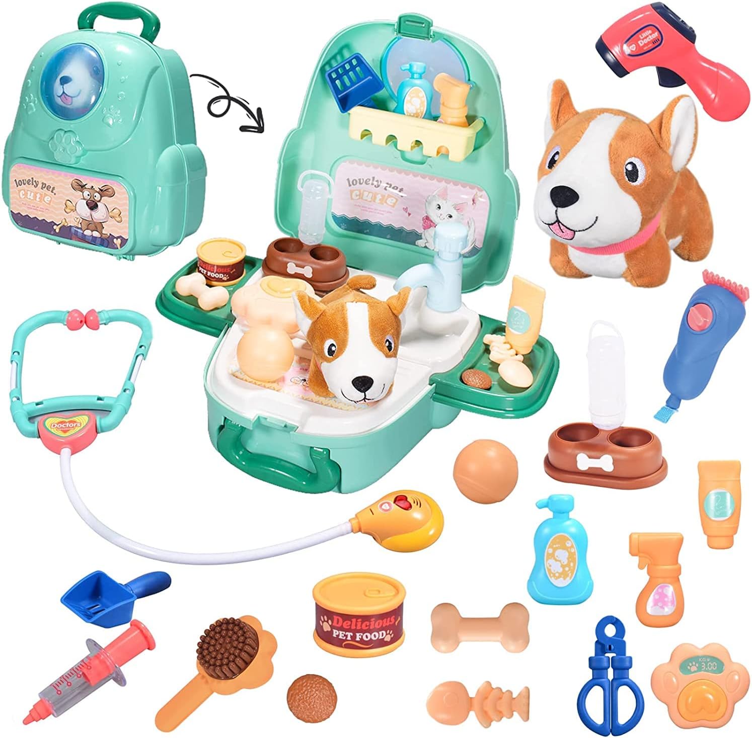MITCIEN Dog Toys Pet Vet Playset with Plush Puppy Care Vet Gadget Doctor Kits Pretend Role Play Carrier Backpack Gifts for 3 4 5 Years Old Girls Kids