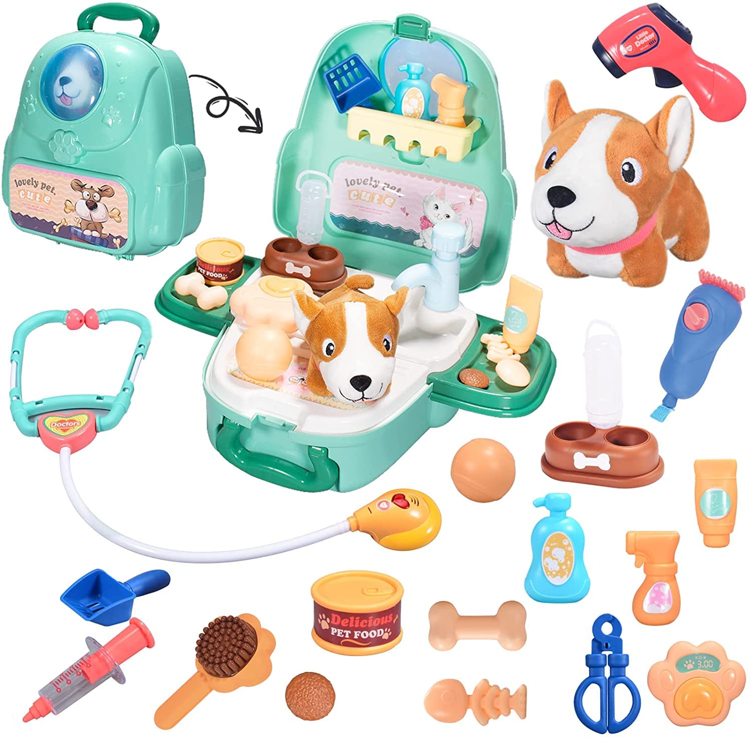 MITCIEN Dog Toys Pet Vet Playset with Plush Puppy Care Vet Gadget Doctor Kits Pretend Role Play Carrier Backpack Gifts for 3 4 5 Years Old Girls Kids