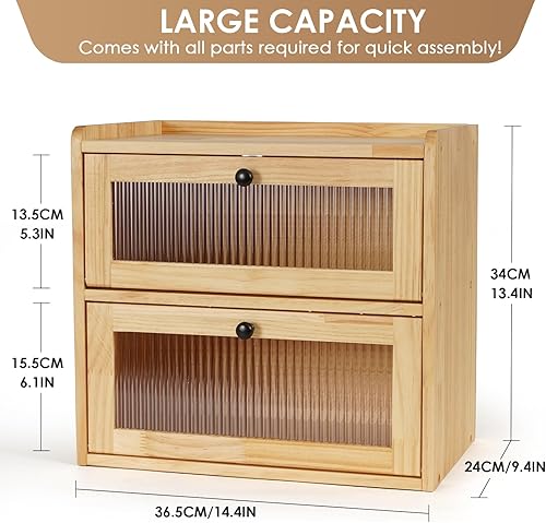 Miniatura 4 de Sunhoo Panera para encimera de cocina, contenedor de almacenamiento de pan de madera, contenedor de almacenamiento de pan de 2 capas, soporte de