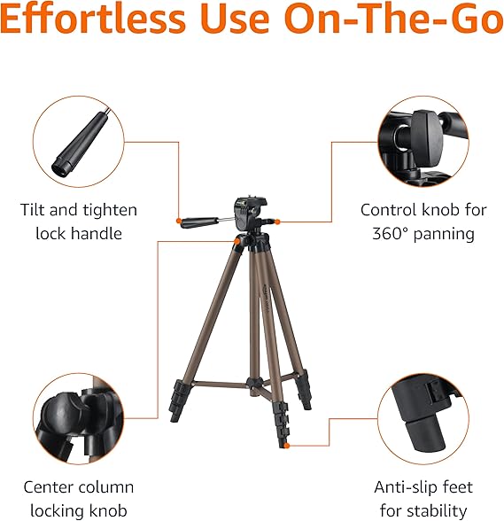 Amazon Basics 50-inch Lightweight Portable Camera Tripod Stand with Quick-Release Plate, Adjustable Height, Aluminum, for Travel Photography, Champagne