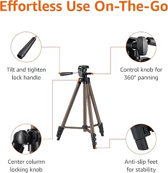 Amazon Basics 50-inch Lightweight Portable Camera Tripod Stand with Quick-Release Plate, Adjustable Height, Aluminum, for Travel Photography, Champagne