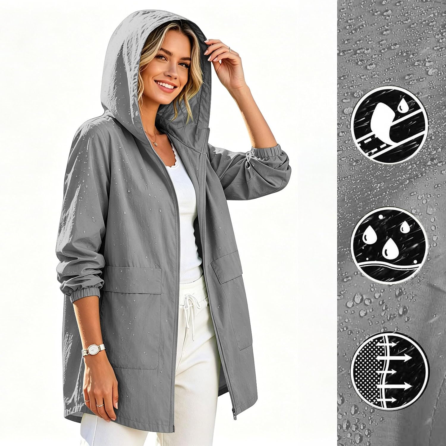 Long Rain Jacket Women Waterproof With Hood Lightweight Windbreaker Raincoat Plus Size Travel Camping Outdoor Coat