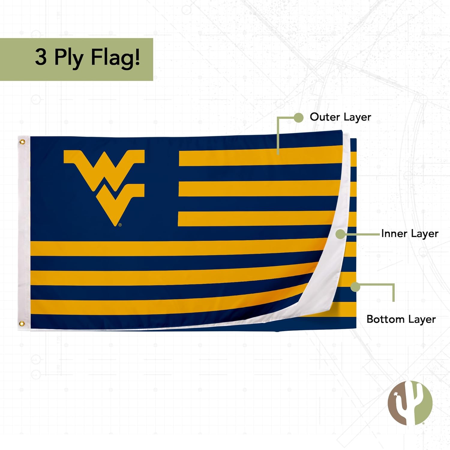 Desert Cactus West Virginia University Flag Double Sided WVU Mountaineers Banners 100% Polyester Indoor Outdoor 3x5 feet Flags (Double Sided - Flag Nation) - Image 4