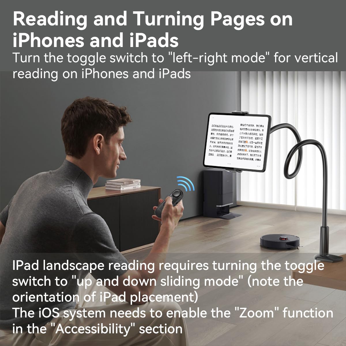 Mando a Distancia Bluetooth con Soporte para Aplicación de Lectura, Videos de TikTok/Youtube y Disparo Remoto, Pasapáginas Universal, Compatible con iPhone, iPad, Teléfonos y Tabletas Android, Ligero - 3