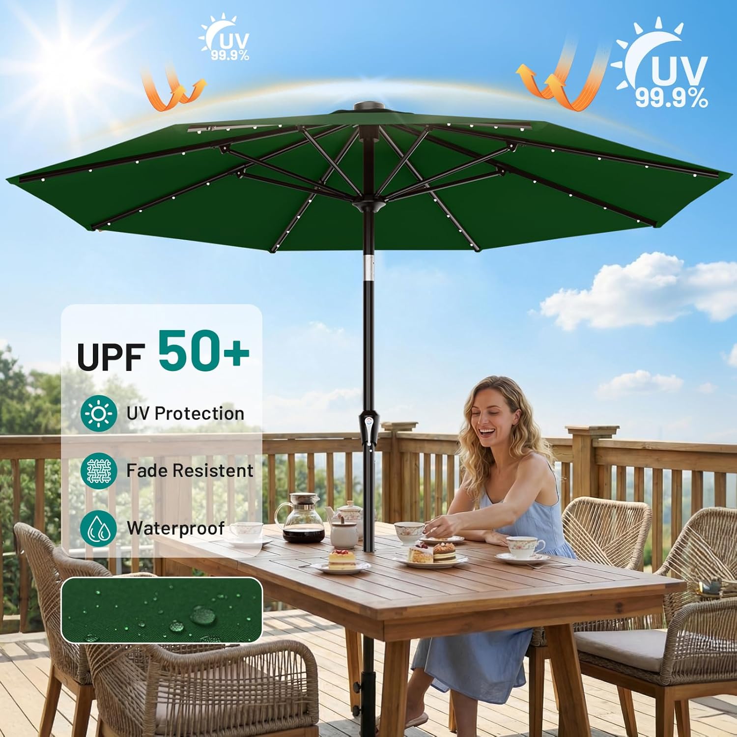 AreShark 9FT Patio Umbrella with Solar Lights, 32 Lighted Pool Umbrella w/Tilt and Crank, Outdoor Market Solar Umbrellas for Garden, Deck, Backyard, Pool and Beach, Dark Green