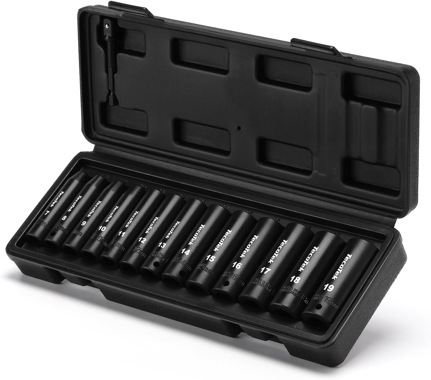 TecoTek 14 Pieces 3/8-Inch Drive Impact Socket Set, 12-Point, Metric, Deep, CR-V, 7mm to 19mm, Drill Socket Adapter 3/8"