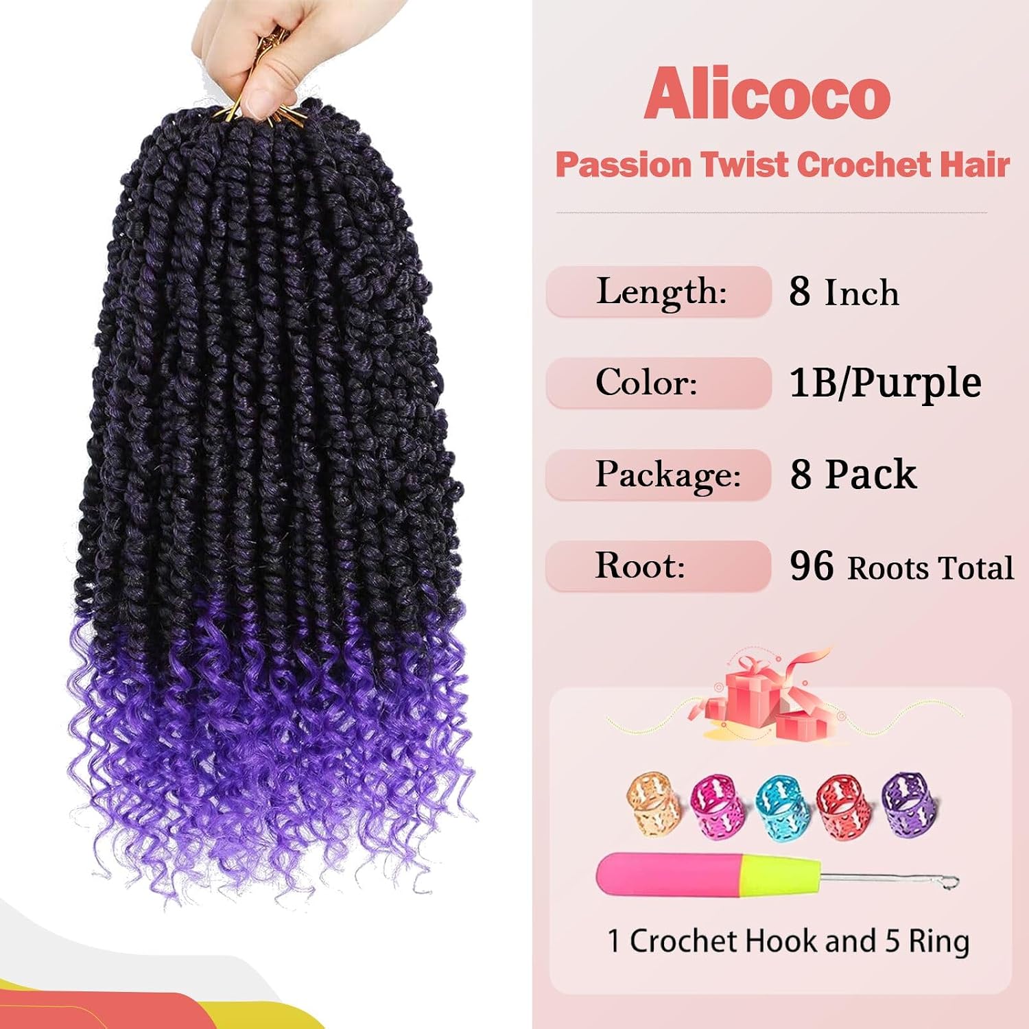 Alicoco Passion Twist Crochet Hair 8 Inch Passion Twist Hair Pre Looped 8 Packs Spring Twist Crochet Braids with Curly Ends Pre-Twisted Crochet Hair for Women (1B/Purple)