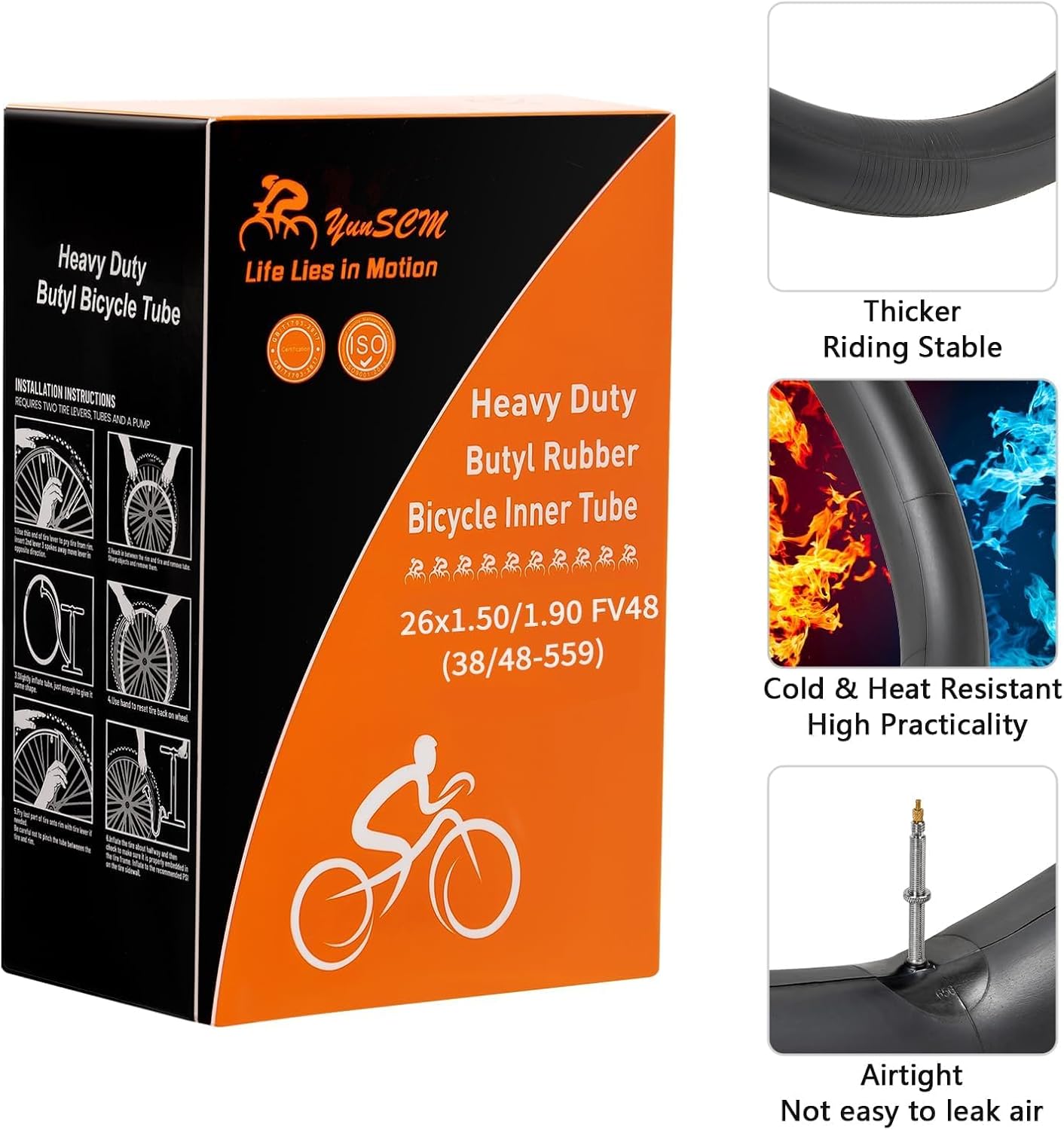 YUNSCM 2-PCS 26" Heavy Duty Bike Tubes 26x1.50/1.75/1.90 FV48mm Presta Valve 38/48-559 Inner Tubes Compatible with 26 x 1.50 26 x 1.75 26 x 1.90 Bike Bicycle Tire Tubes