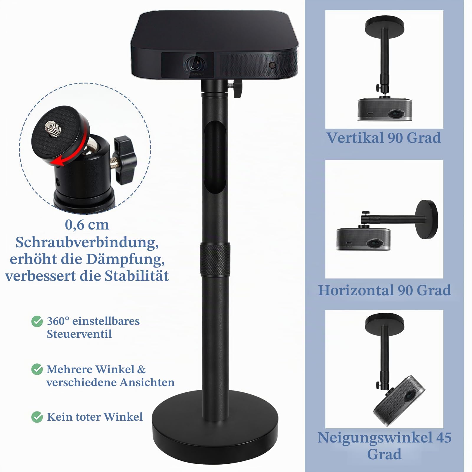 Dadabig Universal Deckenhalterung für Beamer Projektor-Wandhalterung Aluminiumlegierung 360° Schwenkbar bis 4Kg Deckenabstand 20-40cm Schwarze mit 5X Gewinde Universal Adapter