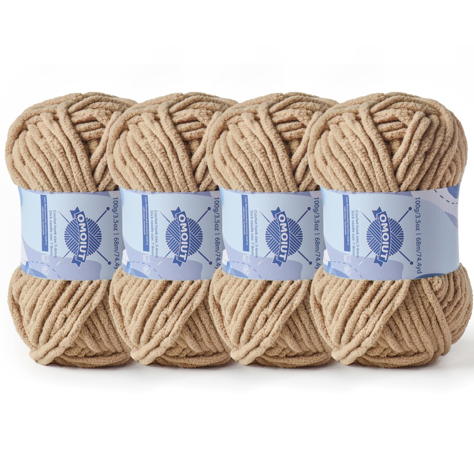 4 Pack Chunky Chenille Yarn for Crocheting, Baby Yarn for Crocheting Soft Blankets, Bulky Yarns for Crochet Amigurumi, 400g (297yds) Fluffy Velvet Yarns for Hand Knitting (4 Khaki)