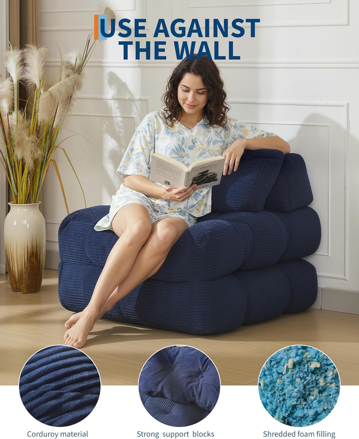 Sofá Cama Tipo Futón De Suelo 190 CM, Colchón Plegable, Incluye Almohada | Sin estructura, colchón plegable integrado, Incluye respaldo y almohada, Funciona como chaise longue, salón y dormitorio