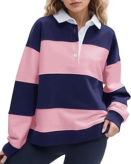 Women Striped Color Block Polo Sweatshirt Lapel Collared Long Sleeve Oversized Rugby Shirt 2025 Trendy Fall Clothes