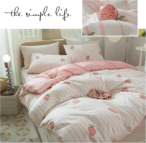 Miniatura 7 de Linda funda de edredón de fresa, tamaño individual XL, suave, 100% algodón, juego de ropa de cama de fresa rosa, ligero, funda de edredón para niños