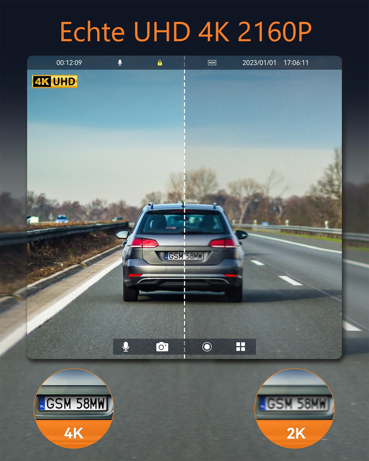 LAMTTO Dashcam Auto Vorne Hinten 4K+1080P, WiFi Dash Cam mit 64GB SD Karte, Dual Auto Kamera mit GPS, Nachtsicht, Bewegungserkennung, G-Sensor, 24/7 Parküberwachung, Loop-Aufnahme, APP Steuerung