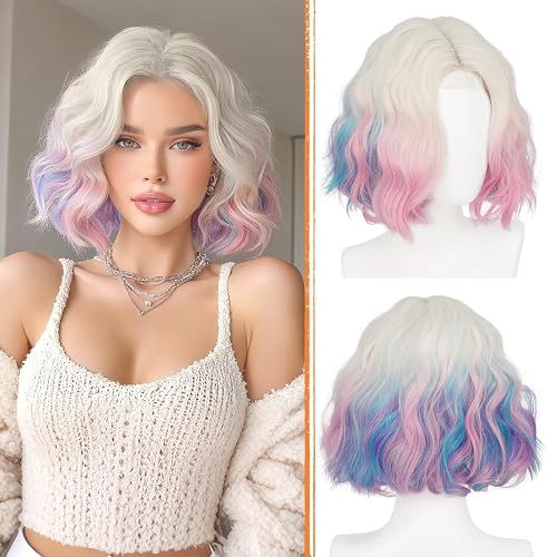Haloo Rainbow Bob Wig for Women Colorful Lace Front Hairline Short Soft Wavy Curly Natural Looking Middle Part Synthetic Hair Wigs for Daily Party, 11 Inch - Rainbow - 11 Inch