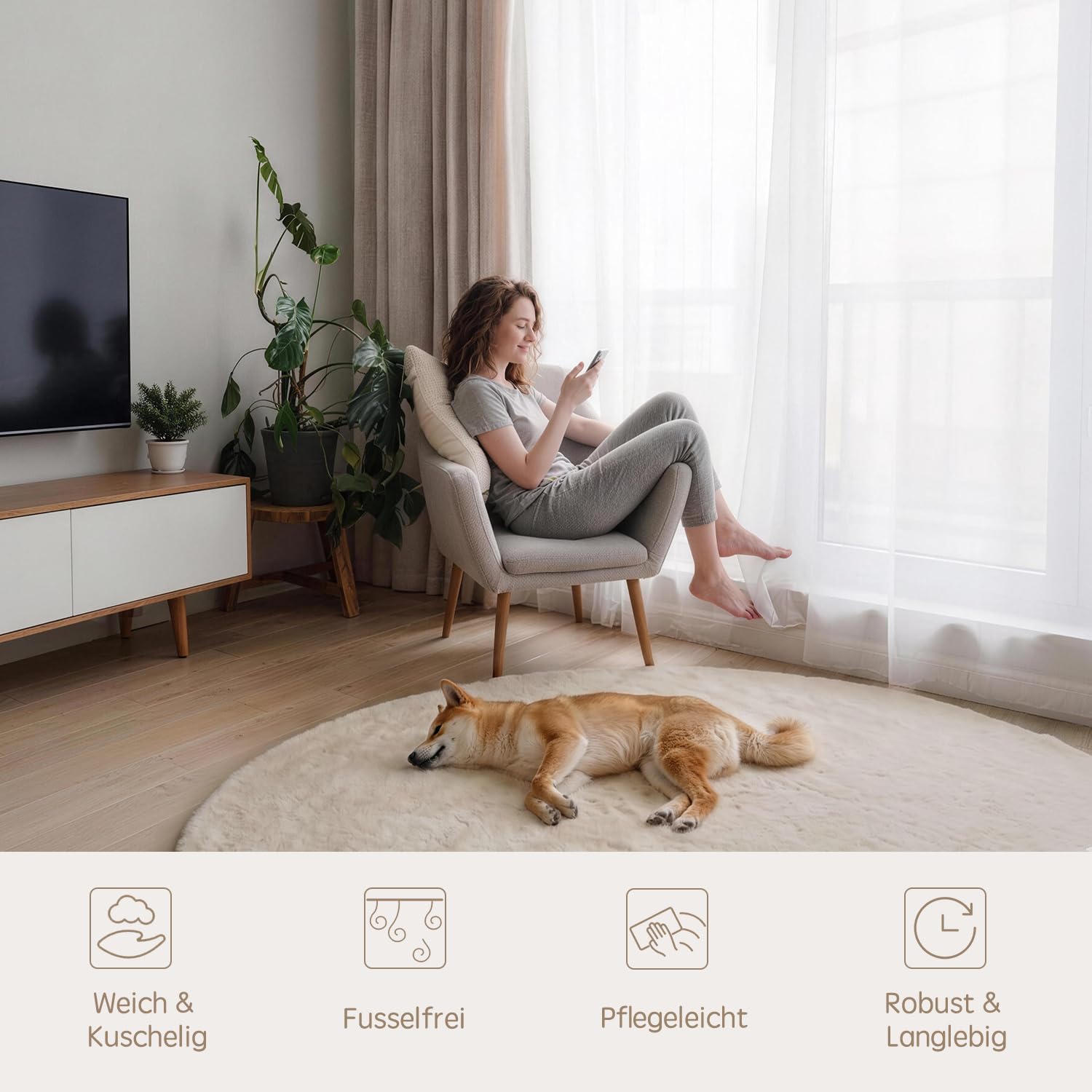 Kunstfell Teppich Kurzflor Wohnzimmer Rund 120 cm Beige Waschbar | Kaninchenfell-Optik | Maschinenwaschbar & rutschfest | OEKO-TEX zertifiziert | Ideal für Sofa, Schlafzimmer & Kinderzimmer