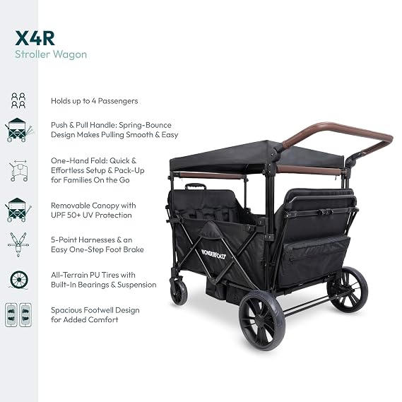 WONDERFOLD X4R Rev Stroller Wagon (4 Seater) - Collapsible Stroller Wagon with 5-Point Seatbelt Harnesses, Reclining Seats & Footwells, Black