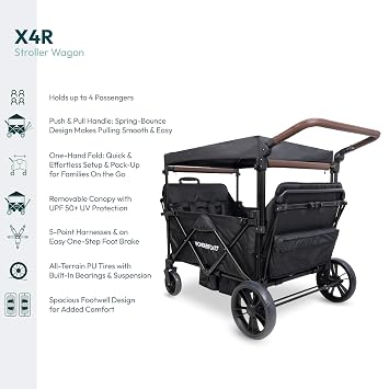 WONDERFOLD X4R Rev Stroller Wagon (4 Seater) - Collapsible Stroller Wagon with 5-Point Seatbelt Harnesses, Reclining Seats & Footwells, Black