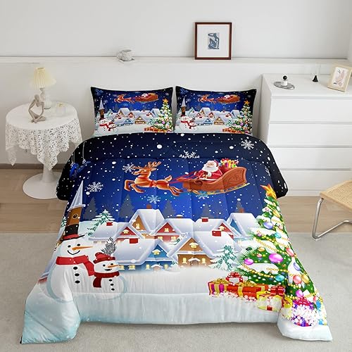 Manfei Juego de ropa de cama de Navidad, tamaño matrimonial, diseño de muñeco de nieve, árbol de Navidad, Papá Noel con reno, juego de edredón de 3