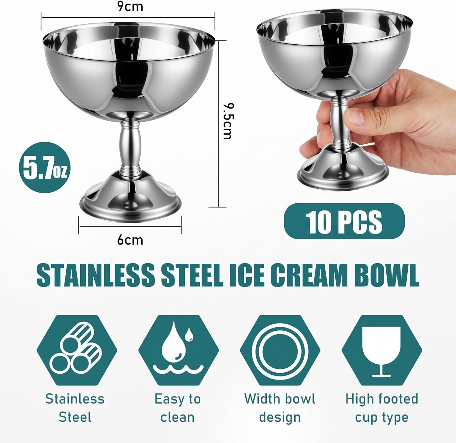 10 Pcs Stainless Steel Ice Cream Bowls for Dessert,Silver,5.7 oz