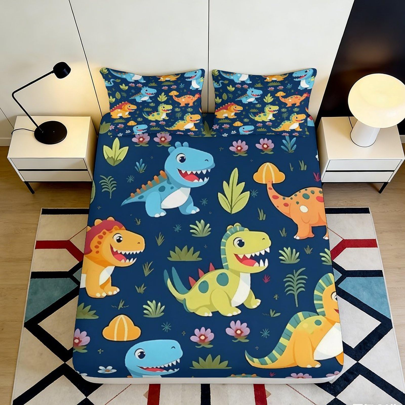 3D Printed Dinosaur Pattern Fitted Sheet Microfiber Soft Breathable Cartoon Dino Bed Cover for Bedroom Dormitory Guest Room Mattress Protection 200x200x25cm