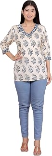 DORA CRAFT Women's Cotton Block Printed 3/4th Sleeves Short Straight Kurti Perfect for Casual, Formal, and Ethnic Wear (Cr... Price In India