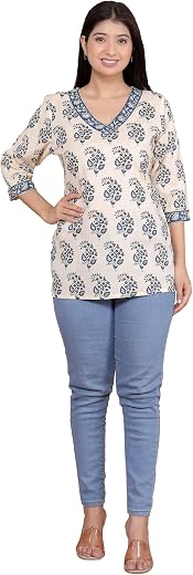 DORA CRAFT Women's Cotton Block Printed 3/4th Sleeves Short Straight Kurti Perfect for Casual, Formal, and Ethnic Wear (Cr...