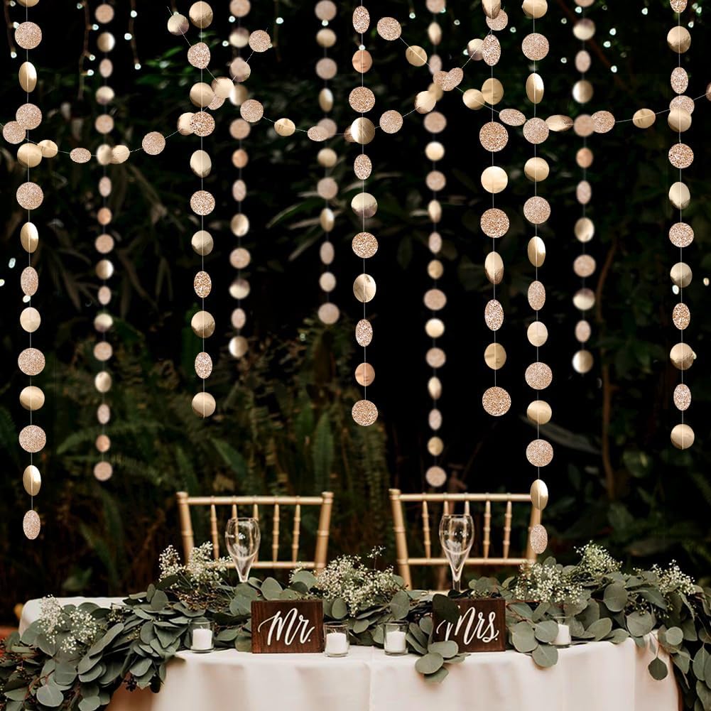 Decor365 Glitter Champagne Gold Party Decorations Gold Birthday Decorations Hanging Circle dot Gold Garlands Streamers Banner Backdrop Bridal Shower Bachelorette Graduation Holiday Party Decor