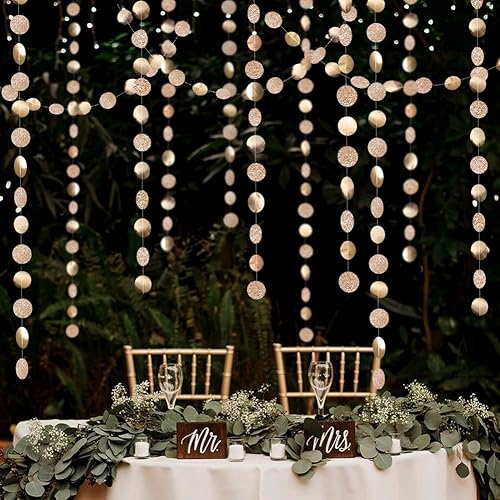 Decor365 Decoraciones de fiesta de oro champán con purpurina, decoración de cumpleaños dorada para colgar, guirnalda circular, serpentinas,