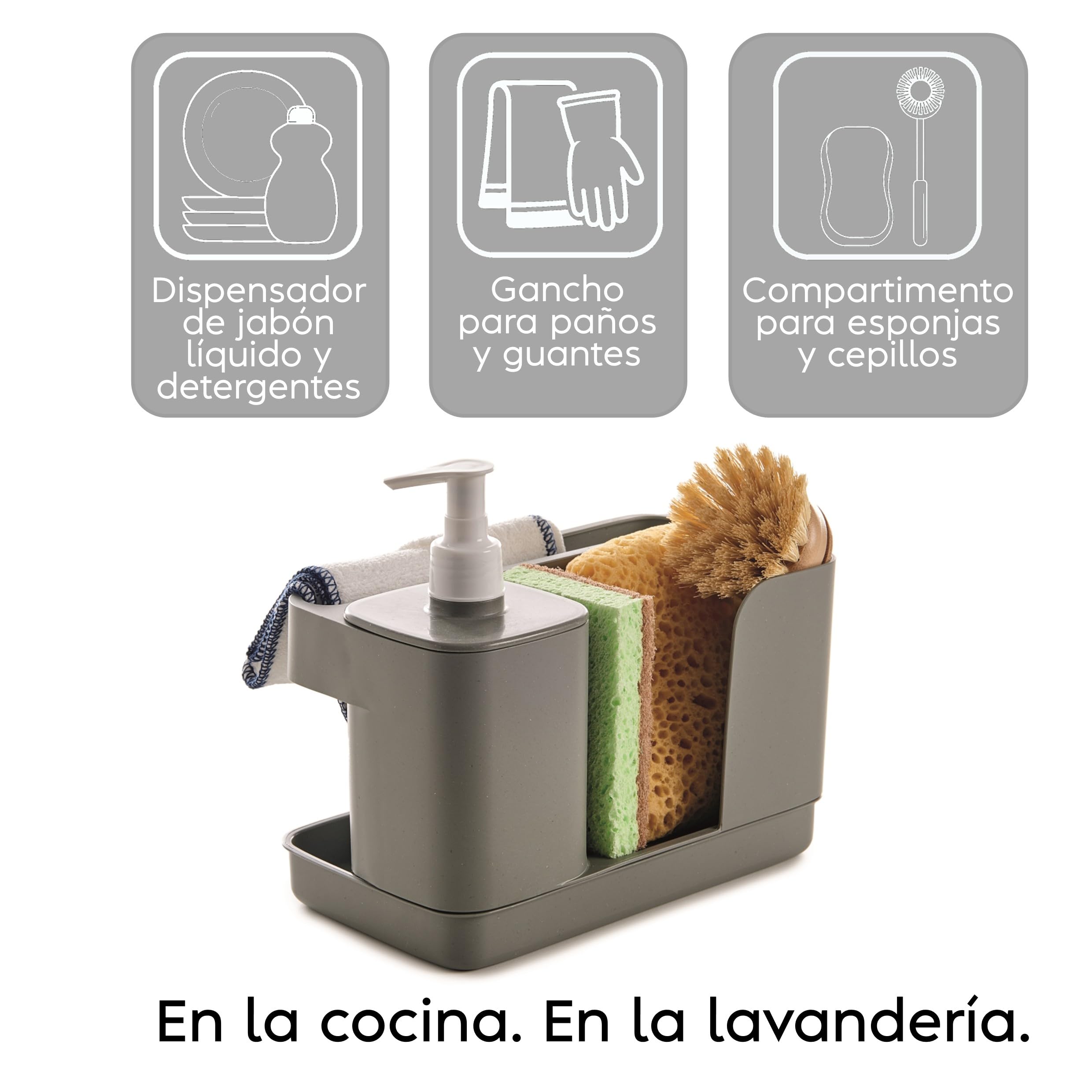 Snips Riordinello - Dispensador Jabón Baño y Cocina, Organizador Fregadero Cocina para Esponjas con Jabonera 400 ml y Soporte Estropajo Fregadero, Paños, Esponja y Bandeja 21x12x18 Made in Italy, Gris