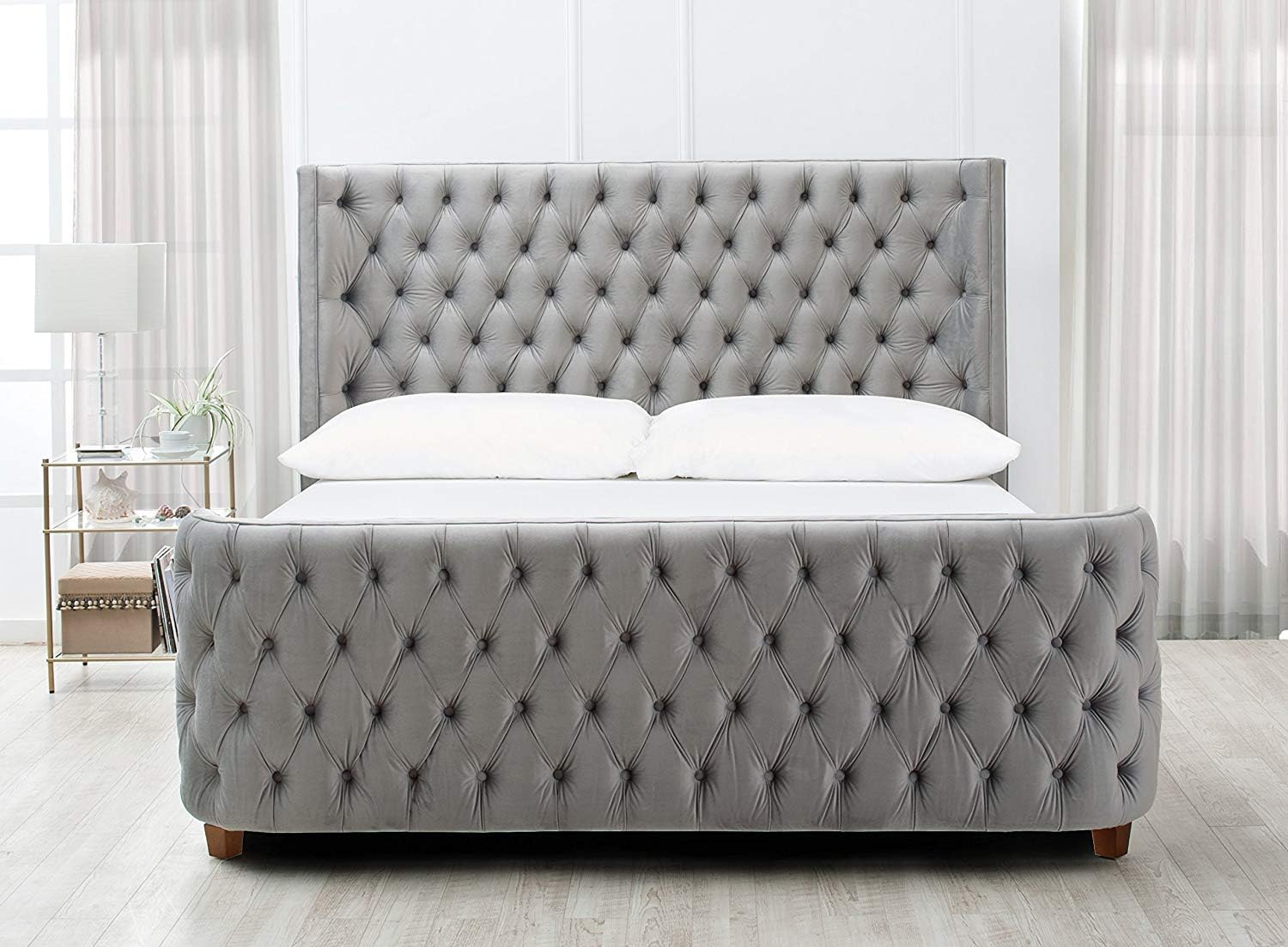 Brooklyn King Tufted Panel Bed Headboard and Footboard Set, Opal Grey Velvet