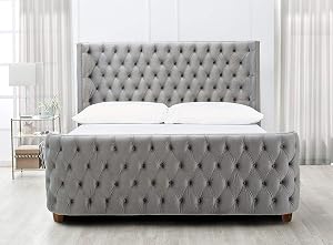 Jennifer Taylor Home Brooklyn King Tufted Panel Bed Headboard and Footboard Set Opal Grey Velvet