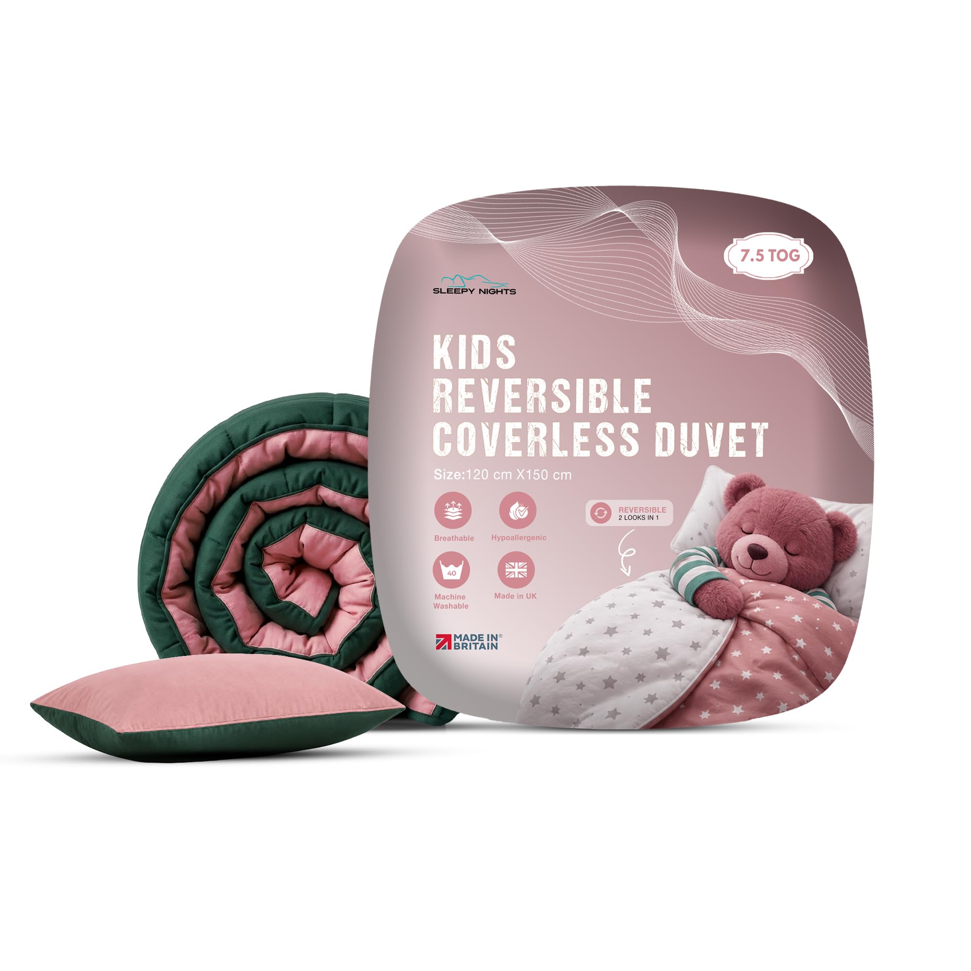 SleepyNights 7.5 Tog Reversible 120 x 150 cm Cot Bed Coverless Duvet & Pillow Set Anti Allergy Toddler Comfort Baby Quilt - Dusky Pink Forrest Green