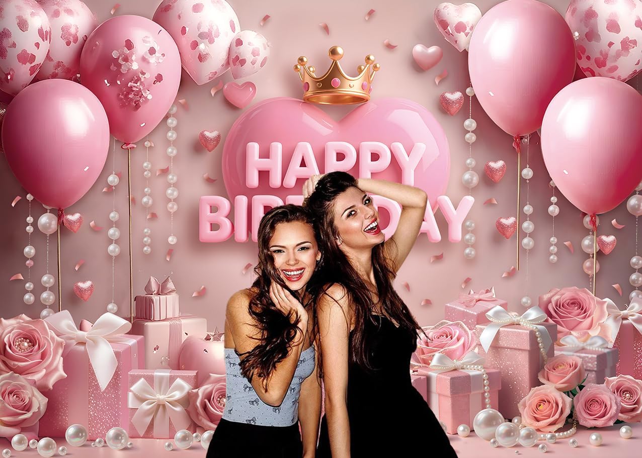 Pink Happy Birthday Backdrop Rose Gold Floral Heart Crown Balloon Elegant Photography Background Girls Princess Women Birthday Baby Shower Party Decor Banner Photo Supplies (7x5FT)