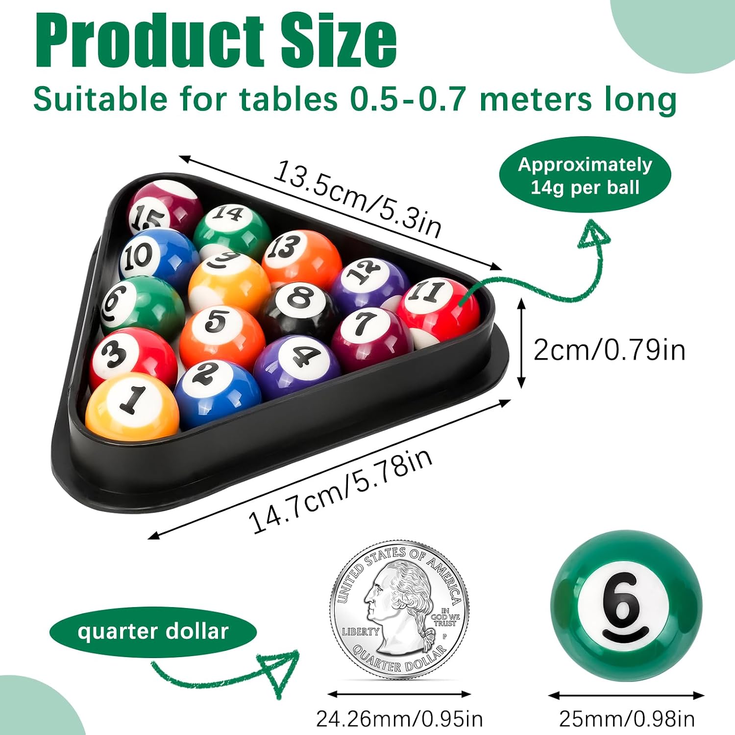 CEYAZYE 16Pcs 25mm/0.98in Mini Billiard Balls Set with Triangle Ball Rack image 2