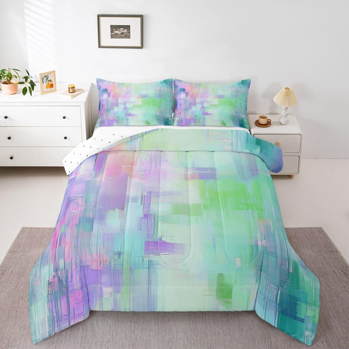 Erosebridal Blue Comforter Set Dreamy Aesthetic Girly Room Decor Full Bedding Sets Abstract Graffiti Artwork Comforter Modern Oil Painting Art Quilt Duvet 3 Pcs