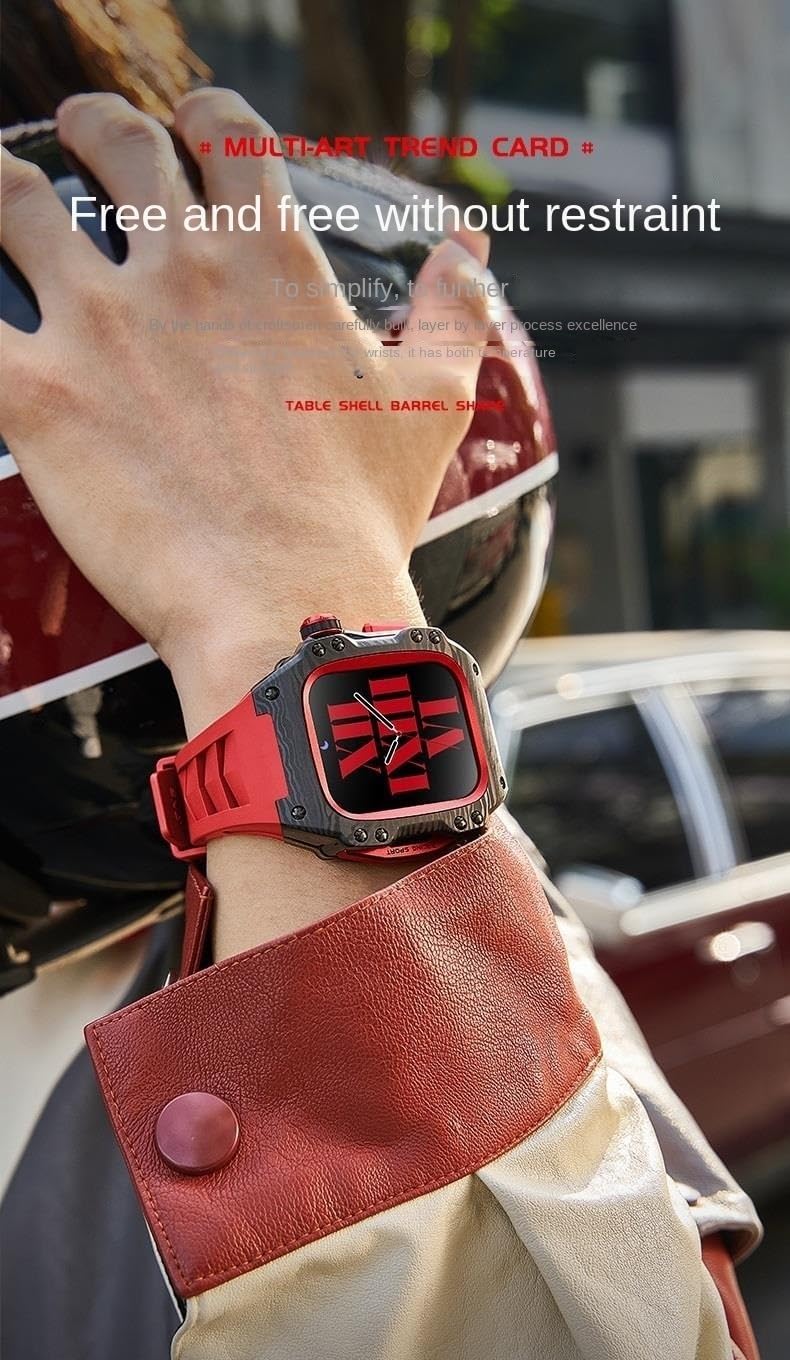 Rubber Strap Titanium Alloy Protective Case Kit，For Apple Watch 9 8 7 6 5 4 SE 44mm 45mm Modified Carbon Fiber Pattern Protective Case