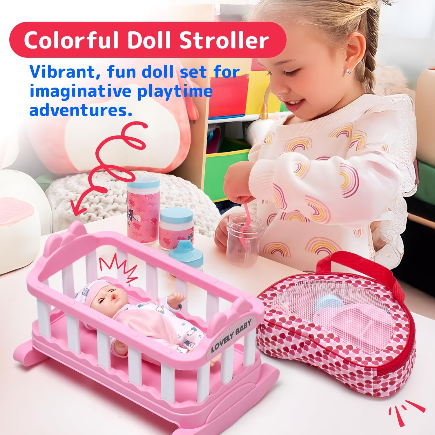 Prextex 23-Piece Baby Doll Accessories Set for Girls – Pretend Play Nursery Toy with Doll Stroller, Mini Crib, High Chair, Baby Doll, Feeding & Care Accessories, Pink Gift Set for Toddlers, Kids,